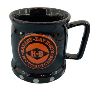 Harley-Davidson Biker Coffee Mug Black Orange 3D Logo Studded Base 2002 Vintage